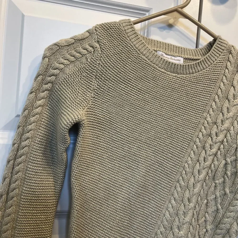 NEW Tommy Bahama Girls Sweater Size M 7/8 Cable Knit Tan Metallic Asymmetrical